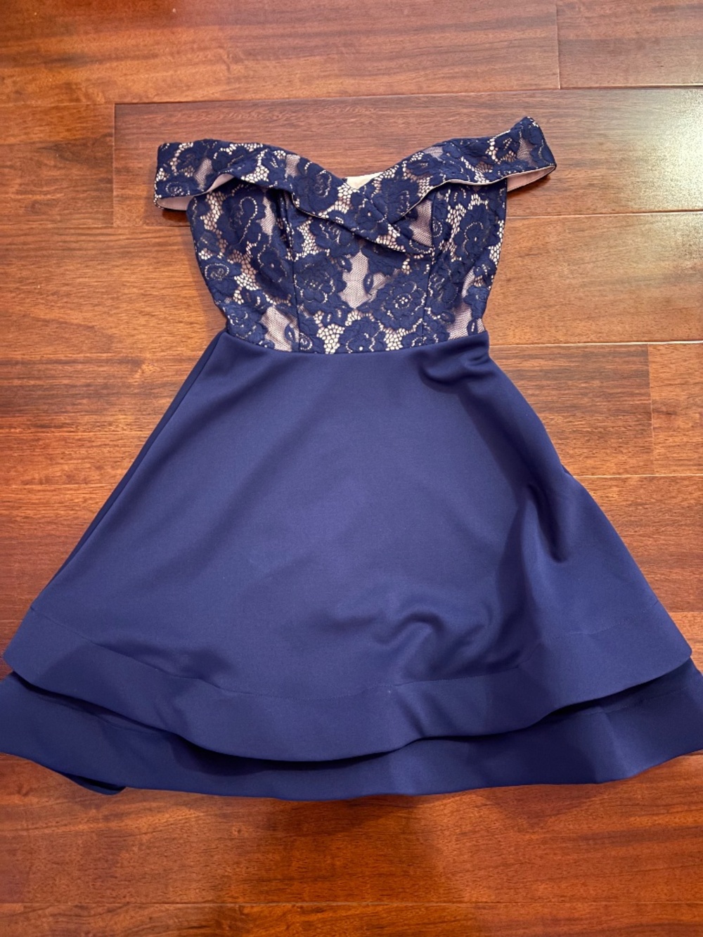 Jodi Kristopher Navy Blue Lace Off-the-Shoulder Fit & Flare Dress Size 0